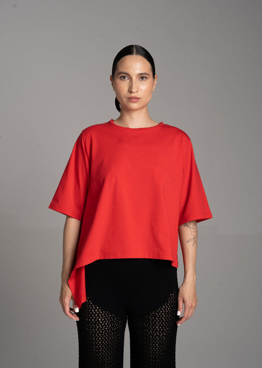 Red Asymmetric T-Shirt – 100% Cotton, Handmade in the EU