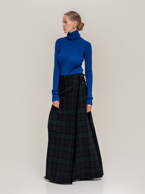 Kilted Maxi Skirt in Blue – 100% Extra Fine Merino Wool