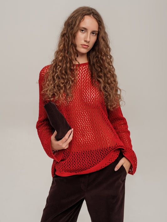 Lace Long-Sleeve Top Red